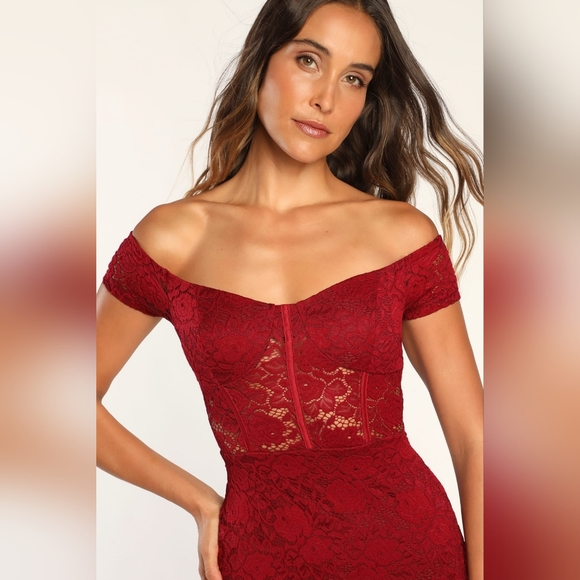 Lulu's Flirty Thoughts Lace Off the Shoulder Bodycon Dress in Wine Red - Picture 2 of 9